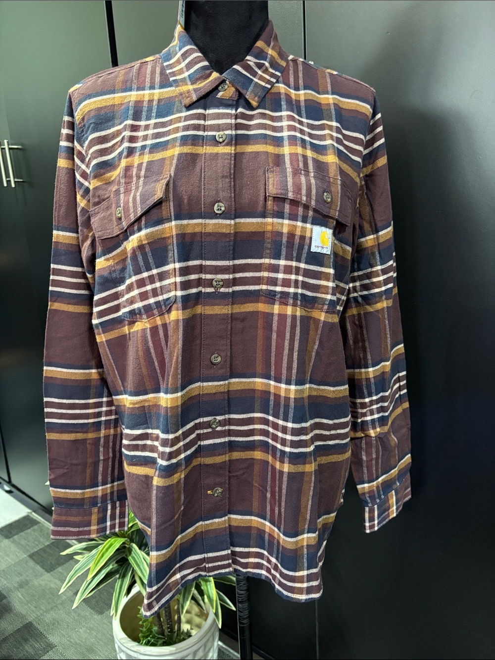 Carhartt Tencel Fiber Series relaxed fit stretch plaid shirt, chest pockets logo
